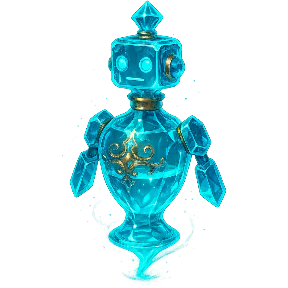 luxurious crystal elixir bottle in the shape of a robot, cyan color, lots of glowing, edges, ornaments, golden details, magical effects, very small golden collar, transparent background, beautiful merging base, clearly floating in the air, no base or shadow, premium class impression, interesting futuristic design, matching a collection of crystal, luxurious, magical bottles emoji