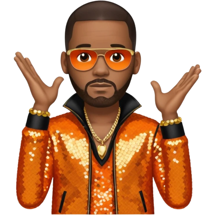 R. Kelly with dark brown hair, orange sequin outfit emoji