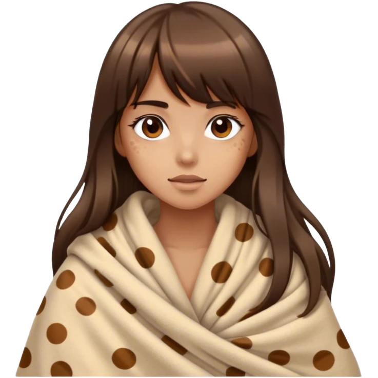Tan Girl with long brunette hair and bangs, wrapped in blanket colored beige with large brown spots of different sizes and hues emoji