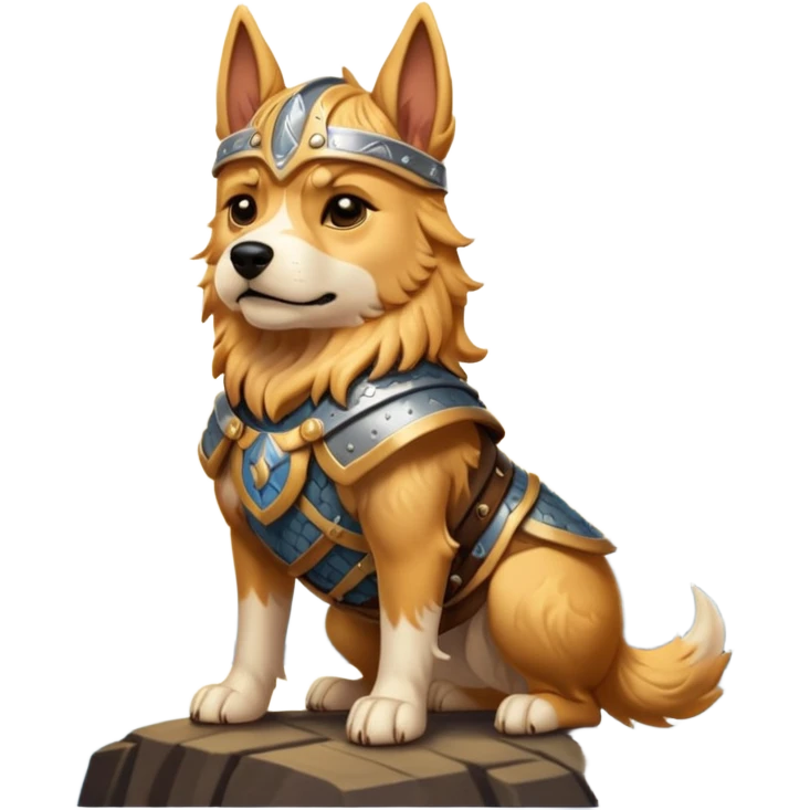 valorous Viking dog in Valhalla, detailed armor, heroic pose, glowing sky emoji