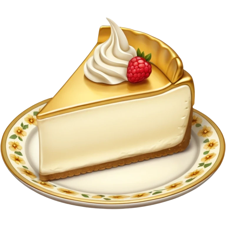 A piece of cream cheesecake on a white and golden floral plate emoji