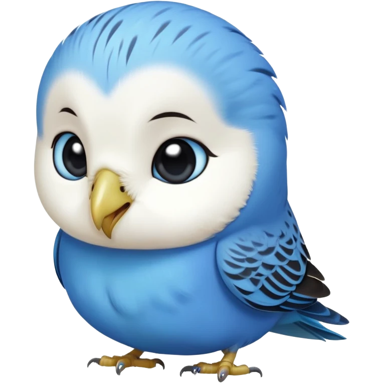 cinematic-cute-blue-budgie-portrait-emoji,-head-tilted-playfully-and-inquisitively,-featuring-a-brilliant-blue-feathered-fur-and white and black face-with-a-natural-sheen,-round,-sparkling-dark-eyes-filled-with-curiosity,-simplified-yet-irresistibly-adorable emoji