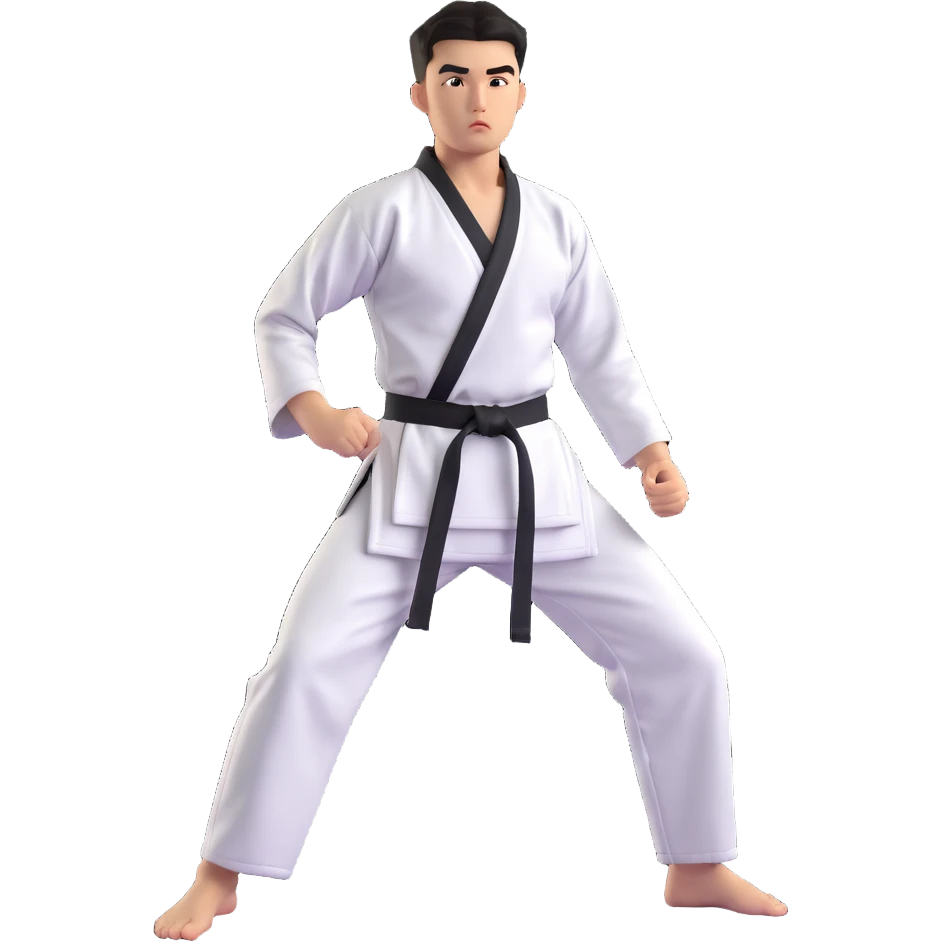 Taekwondo fighter in a ready stance, poised for action, detailed dobok uniform, black belt, intense expression emoji