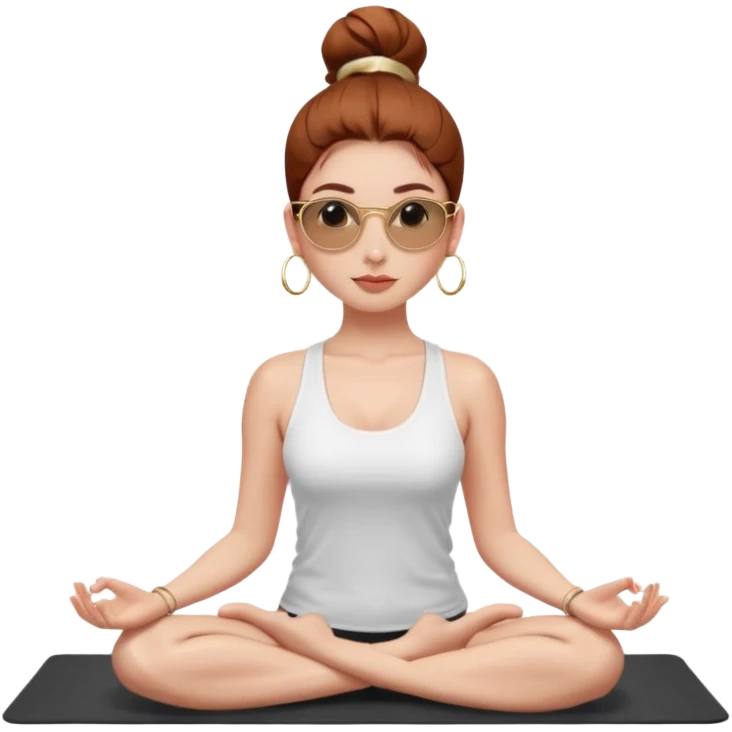 Clean girl influencer character, chest-up portrait.Sleek tight bun hair color (auburn .Natural glossy makeup, soft blush, shiny lips.Minimal white tank top, small gold hoop earrings, delicate gold necklace.Black sunglasses on head.Rolled yoga mat hanging over her shoulder. emoji