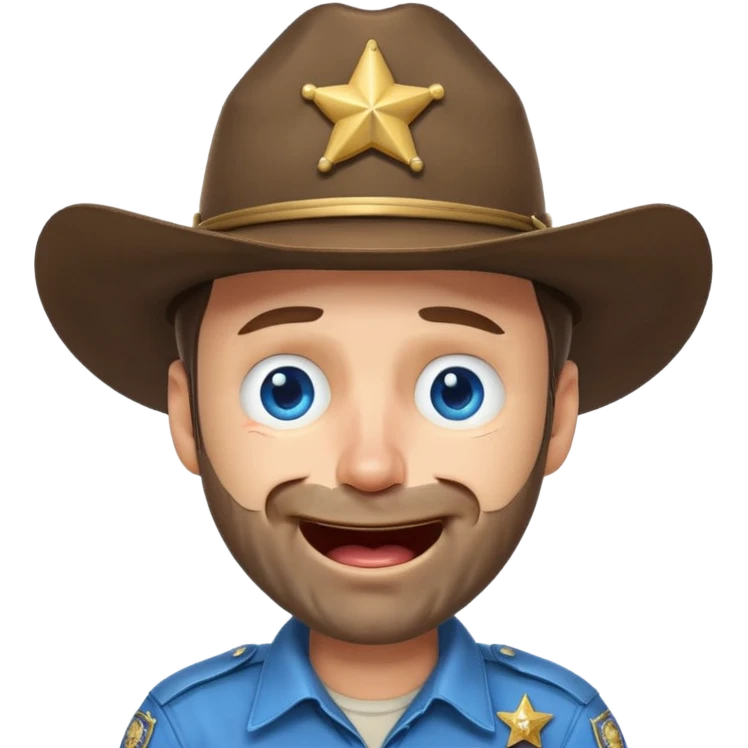 Rick Grimes from The Walking Dead as a laughing crying emoji, expressive face, sheriff hat, stubble, cartoonish features, big blue tears streaming down his face emoji