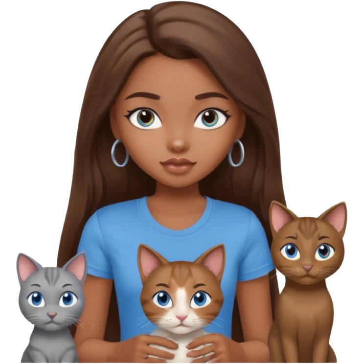 a pretty bratz dusky girl with long brown hair, blue eyes with six cats nd wearing a grey tshirt emoji