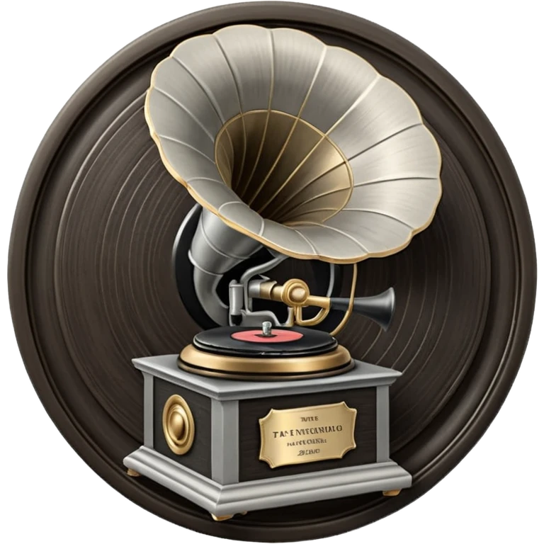A dark metal platinum music award plaque The center features a relief of a vintage gramophone or stylized vinyl record in a slightly darker metallic tone emoji