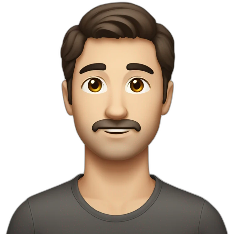 A young Caucasian man with dark brown eyes, almond-shaped eyes, short dark brown hair, and a small dark brown beard with a more prominent mustache. emoji