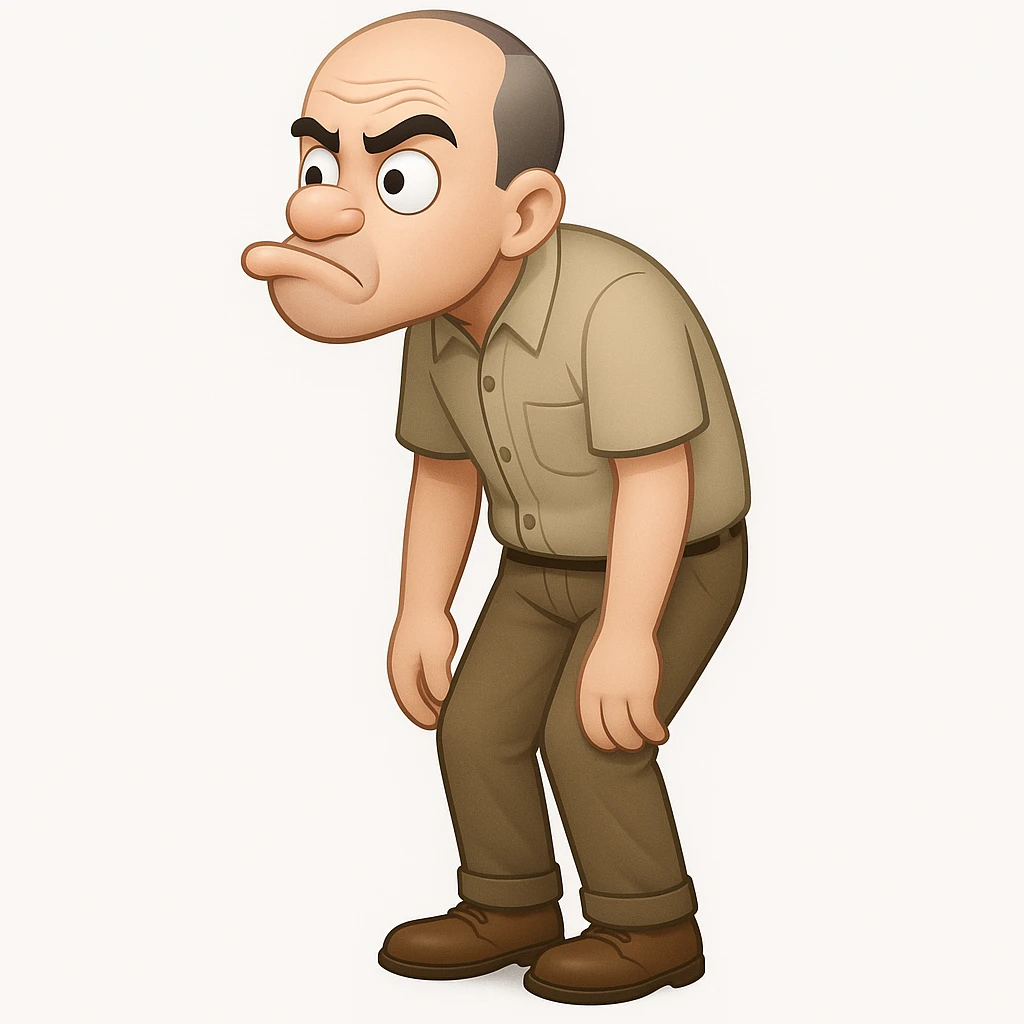 Create an emoji style image of Carl from Sling Blade with a dumb, exaggerated blank or goofy expression. Keep his chin sticking out, slouching posture, no glasses, wearing a shirt with a collar. Show him in a three-quarter face angle, entire body visible, standing, with his head sticking forward. The style should mimic classic emoji style. emoji