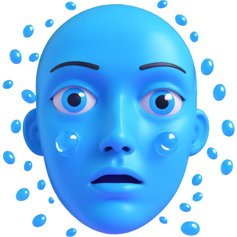 emoji of a face visually overstimulated from looking at a screen, eyes reflecting digital overload with glassy, glossy, blue light reflections, floating windows and icons in the eyes, expression showing mental exhaustion, confusion, trance-like state from too much virtual content emoji