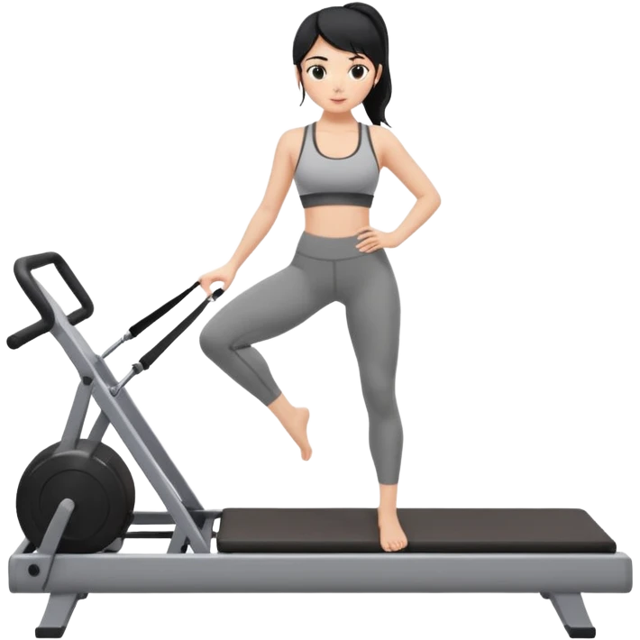Fair-skinned black hair girl wearing grey workout set in leggings and bra doing pilates on a reformer emoji