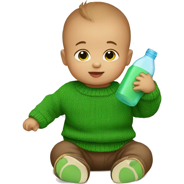 a baby with a green sweater drinking his bottle emoji