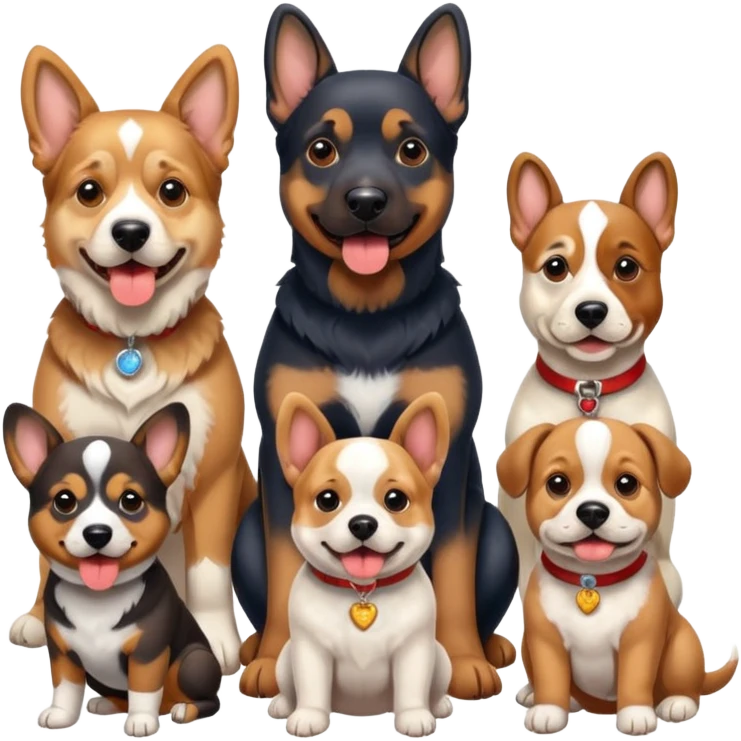1 german shephard, 1 bulldog, 1 poodle, 1 husky, 1 dachshund emoji