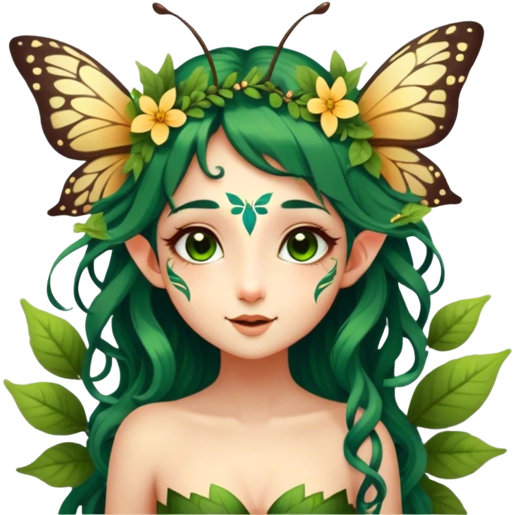 Cinematic Realistic Forest Nymph Fairy portrait, with butterfly wings and head tilted playfully and inquisitively, showcasing a nature-inspired form with intricately detailed, sunlit tanned skin and cascading dark green hair interlaced with leaves and blossoms. Her bright, curious eyes sparkle with forest mischief, rendered with lifelike clarity and warm, dappled lighting that captures the spirit of an enchanting woodland fairy ready to dance among the trees. emoji