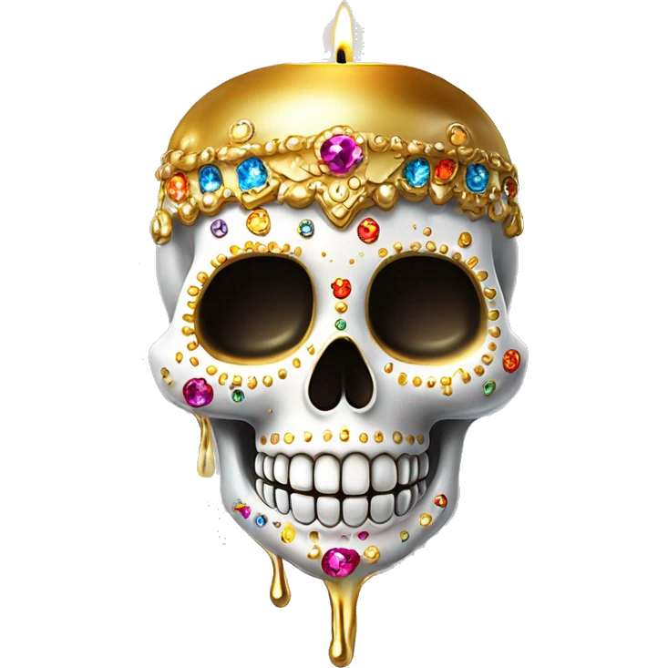 Realistic white sugar skull decorated with colorful rhinestones with a tall metallic gold candle on top of its head dripping down melted metallic gold wax down the skull emoji