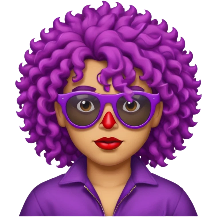 purple haired, curly big haired mexican boy with red sunglassess, vrey cool and lipstick emoji