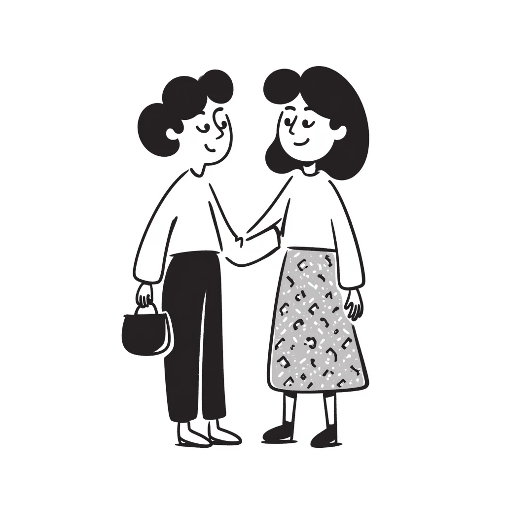 two women standing together, hand drawn illustration, simple emoji
