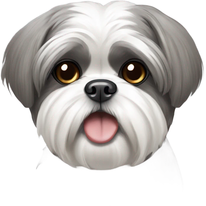 Grey and white Shih tzu with no eyes smiling emoji