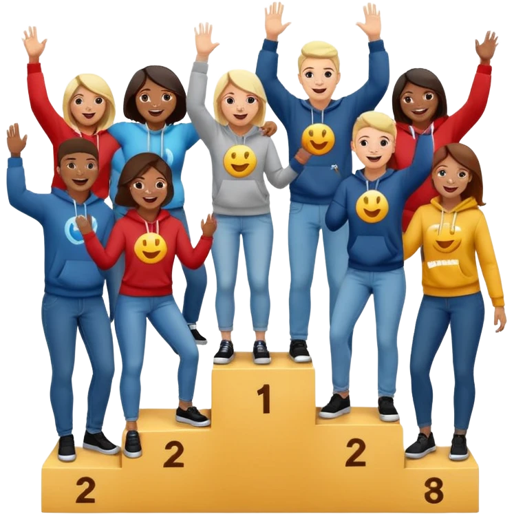multi-racial people in jeans, t-shirts, and hoodies on a winners’ podium with the middle step higher, excited, fun, expressive emoji style emoji