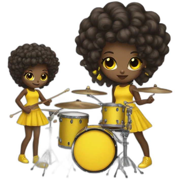 cute punk girl in yellow dress dark skin with yellow eyes and dark curvy hairs drummer emoji