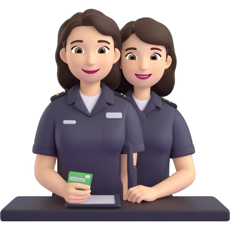 Gender-neutral cashier with shoulder-length hair, standing behind a cashier desk, smiling, wearing a neutral-colored uniform emoji
