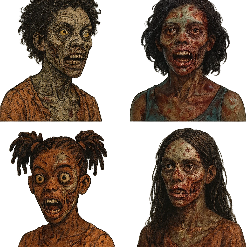 brown-skinned zombie girl, varied styles, visible face and expression, detailed zombie features emoji