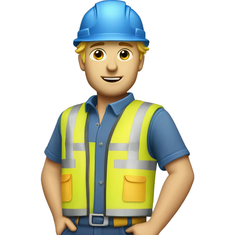 Blonde male Construction worker wearing a hat and blue work wear with small black curly dog  emoji