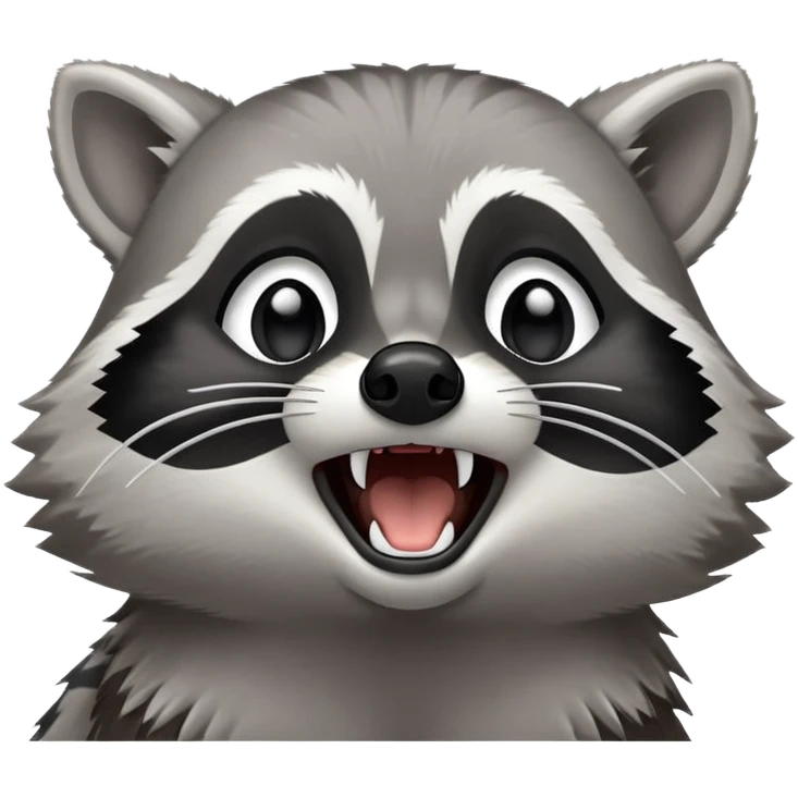 Cinematic-cute realistic- Yawning Raccoon-Portrait-Emoji – Poised and confident, wide-open yawn, revealing a soft grey with a sturdy build and a beautifully textured fur of silver-grey accented by dark black facial markings, deep-set, big black eyes, simplified yet sharp and sophisticated zoom out to show shoulders emoji