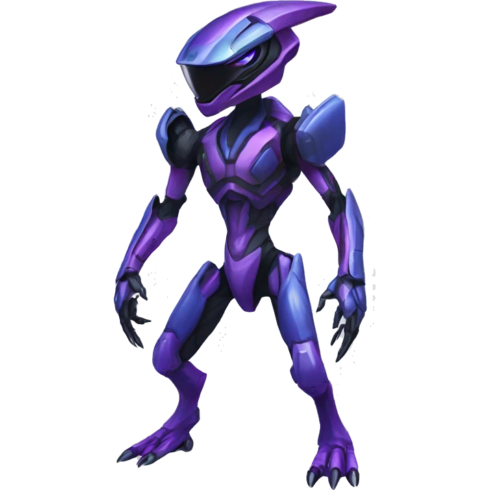 a black-blue-purple Genesect-Raptor-Fakémon—hybrid with a futuristic visor-helmet full body emoji
