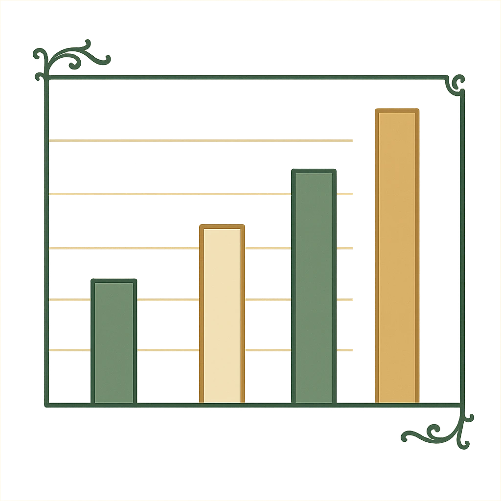 classic bar graph with green, gold, and white color scheme, elegant lines, decorative details, different bar heights, no background emoji