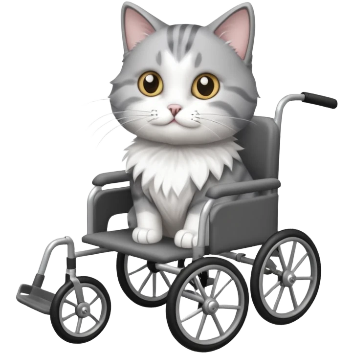grey and white cat in a cat walking wheelchair emoji