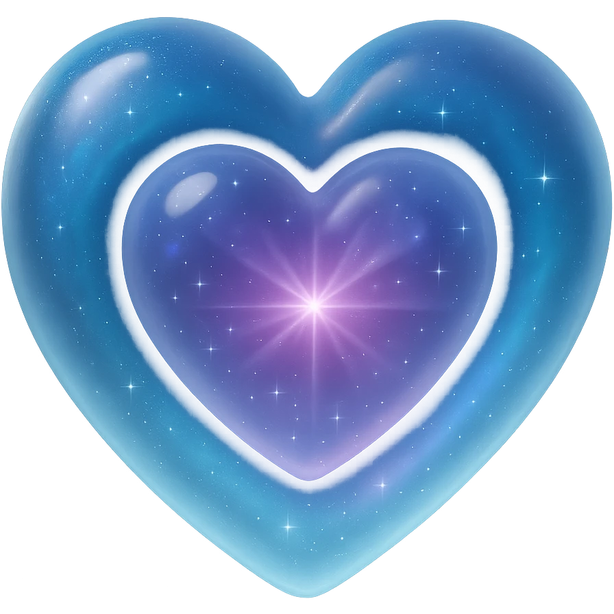 Add tiny sparkling stars inside the heart, keep the sparkly glossy pastel blue iridescent glass crystal nebula glass heart style, no background. emoji