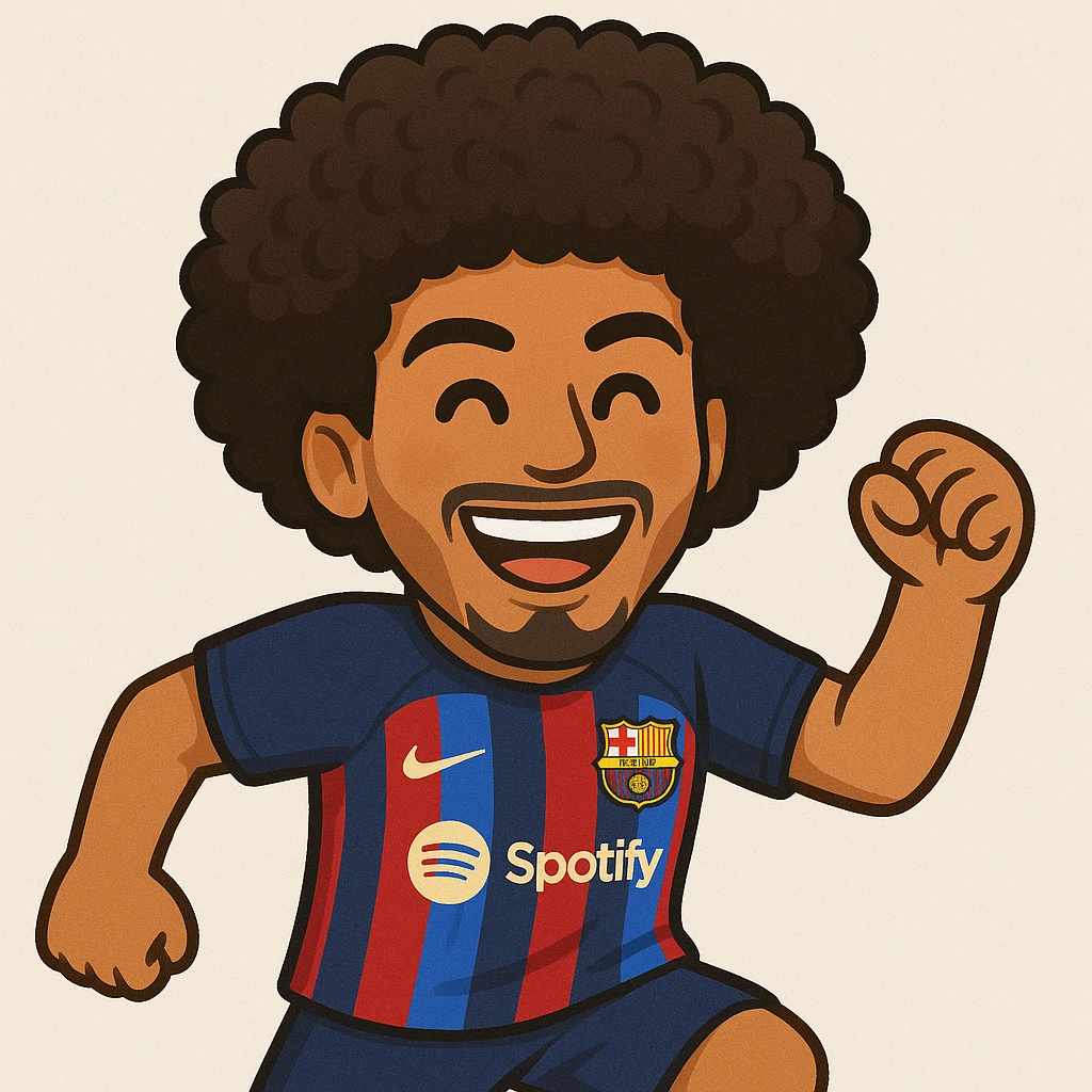 Add afro hair to Raphinha, Barcelona football player, wearing Barcelona kit, smiling, energetic pose. The style should resemble emoji style. emoji