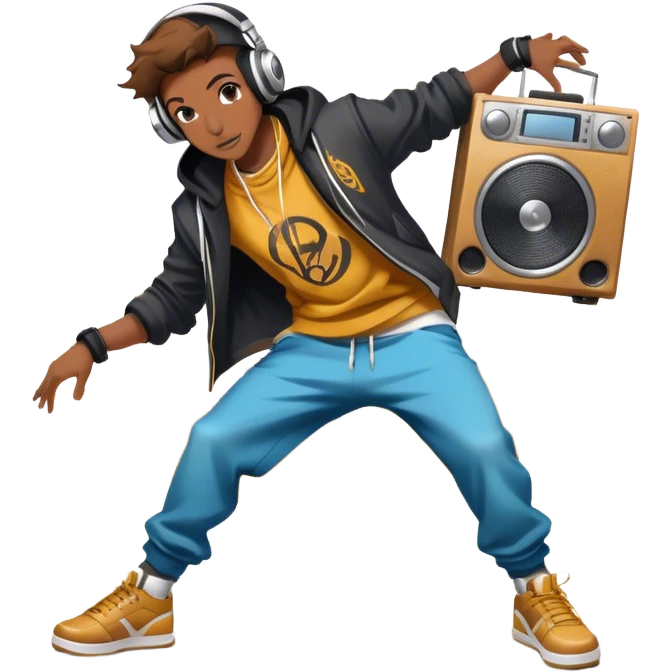 Icon for Street Dance: a dancer in urban streetwear performing a dynamic lower breakdance move, with a spray-painted background, headphones, and a boombox on the asphalt. The icon should capture the energy, style, and creativity of street dance culture. Transparent background. emoji