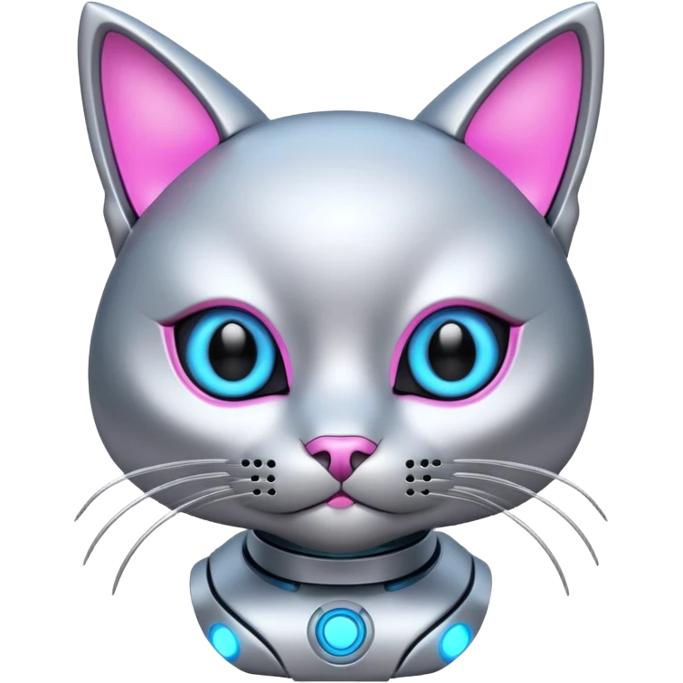 Robot kitten with pink and neon blue eyes emoji