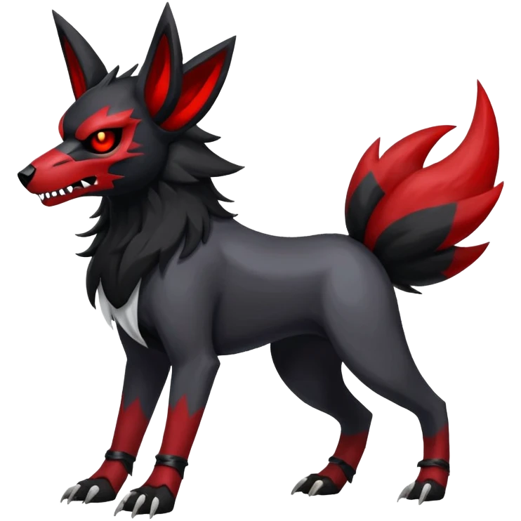 Shiny Exotic Excessive Mysterious Houndoom-Mightyena-Zorua-Zoroark-Zangoose-Houndour-Pokémon-Fakémon-hybrid-creature (full body) with a dog-skull-mask emoji