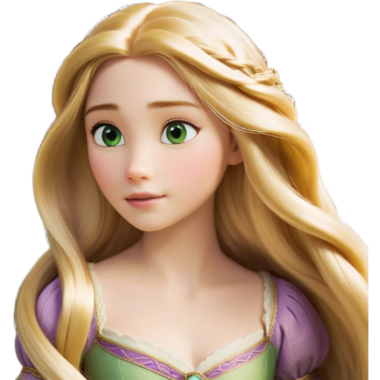 Cinematic Realistic Rapunzel Portrait, with porcelain-like skin featuring a subtle, natural glow, illuminated by soft lighting that brings out the gentle contours of her face. Her long, golden blonde hair cascades in detailed waves, each strand highlighted with a radiant shimmer as it catches the light. Her bright, expressive green eyes exude curiosity and warmth, framed by delicate lashes and soft, arched brows. Her expression is playful and vibrant, with a gentle smile. She is dressed in her classic lavender and pink gown, the fabric textured with delicate folds that flow naturally, catching the light with a soft, radiant glow. The portrait captures a luminous, enchanting aura, seamlessly blending realism with a whimsical, fairytale charm, evoking a timeless sense of beauty and magic. emoji