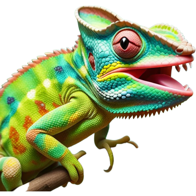 cinematic giant-tongue out chameleon-realistic emoji, mouth wide open with tongue out catching prey, -blending-with-vibrant-greenery.-detailed-scales-in-shifting-colors,-showing-the-chameleon’s-ability-to-camouflage.-soft-natural-light-highlights-its-texture.-light-background, zoomed into its face emoji