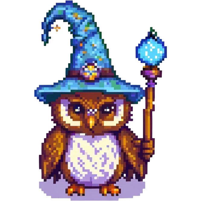 owl with a wizard hat and magic wand pixel art emoji