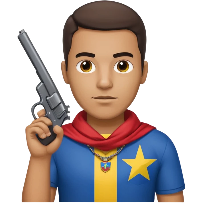 A Venezuelan with the Venezuela flag around his neck holding a gun tap emoji