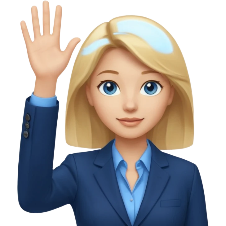 Make emoji of business woman with light skin and medium blonde hair in a dark blue business suit and light blue shirt waiving to new clients.  Woman should have sparkling blue eyes. emoji