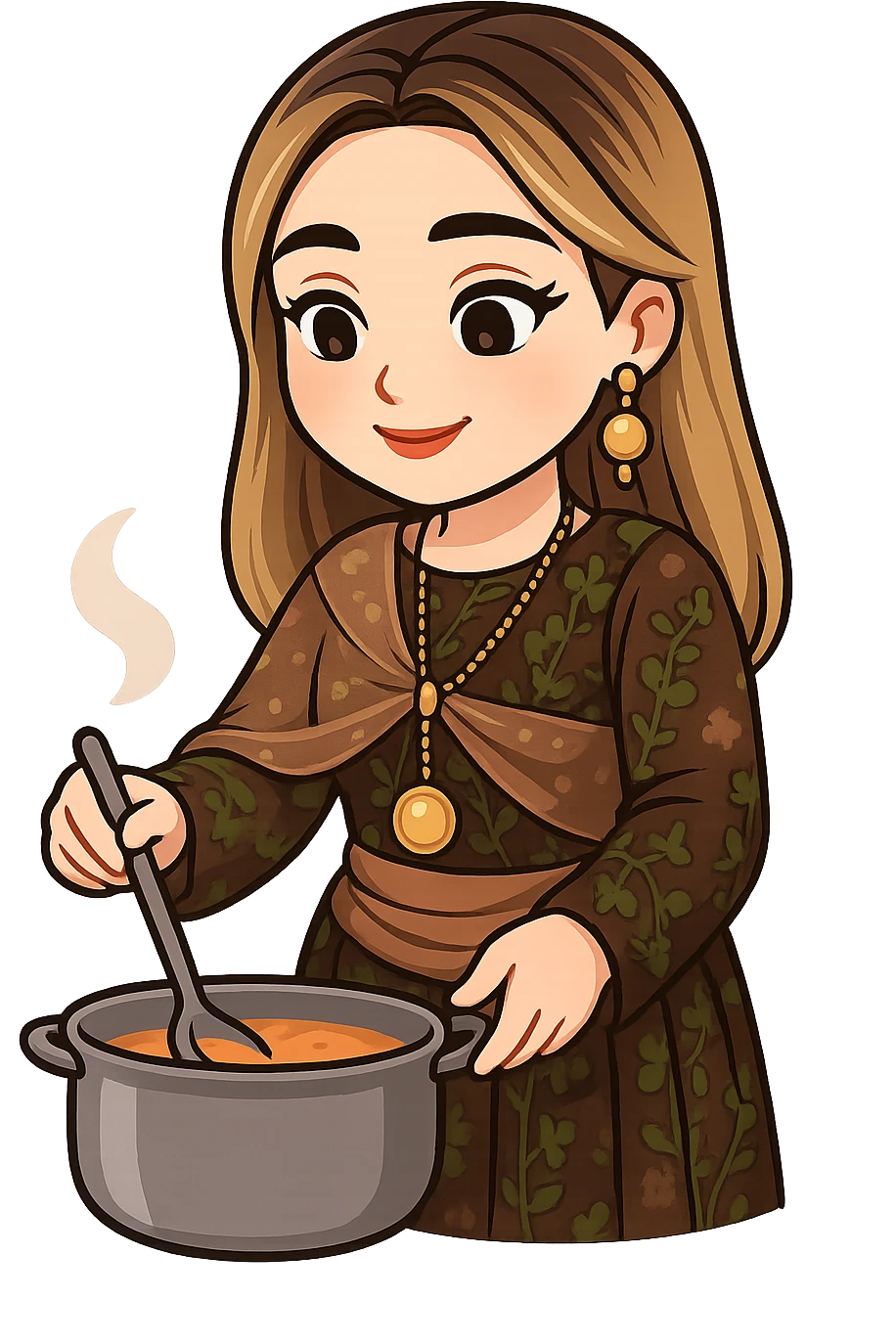 Kurdish cartoon sticker of the same woman in the new dress, cooking food in a pot, holding a spoon, happy and focused, no text, transparent background emoji
