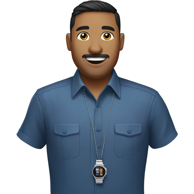 navajo  emoji of a man with short dark hair, clean-shaven, goatee and mustache.  wearing a formal button-up DARK blue shirt,  smiling  with a smartwatch on his wrist. and small silver chain necklace  resemble professional attire. smaller eyes  emoji