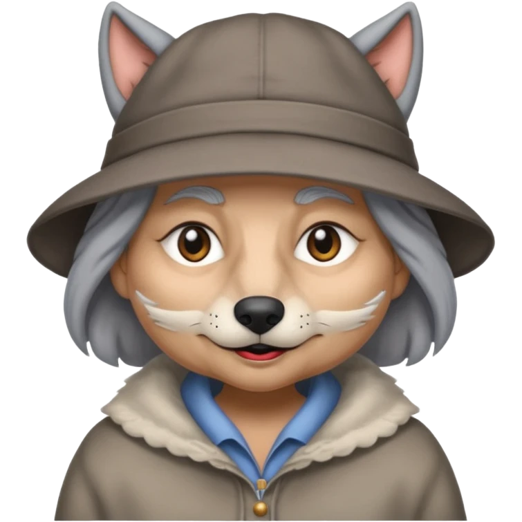 The big bad wolf is wearing Grandma's clothes and a hat, yet its face still looks like a wolf's. emoji