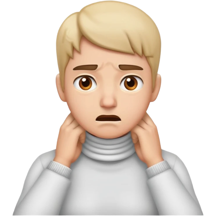 Hands on neck and has annoyed face emoji