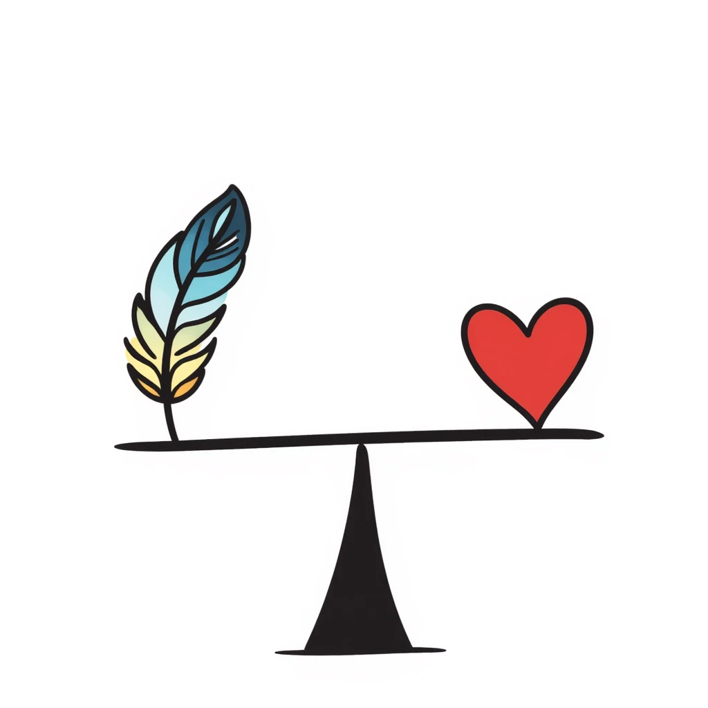 A simple scale balancing a colorful feather and a red heart, representing emotional balance and lightness. Colorful hand-drawn doodle style with blues, reds, and yellows. emoji