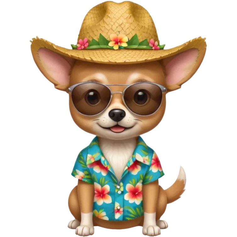 Chihuahua with sunglasses and straw hat, hawaii shirt emoji