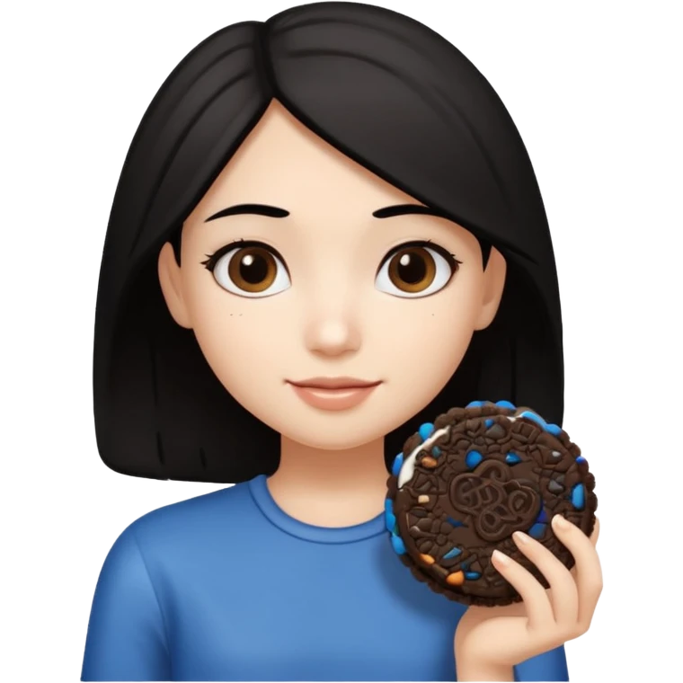 Girl with shoulder-length black hair, holding an oreo cookie in her hand emoji