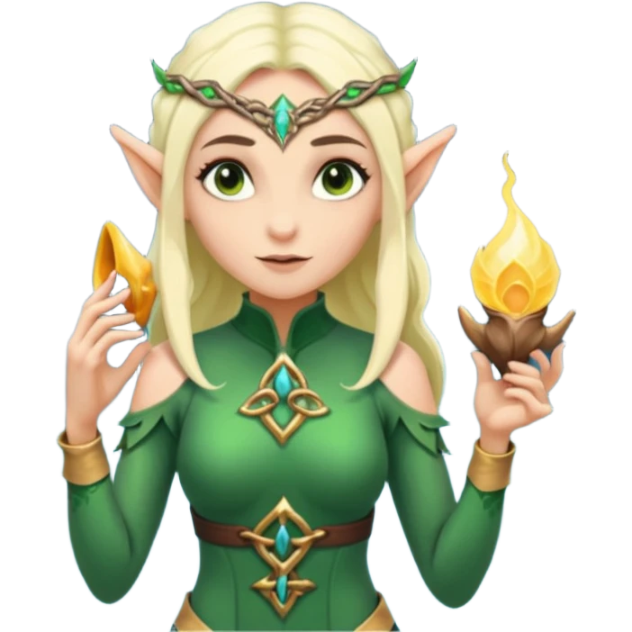 elf female Short wetsuit-style garb, glowing runes on skin, holding a conch horn. emoji