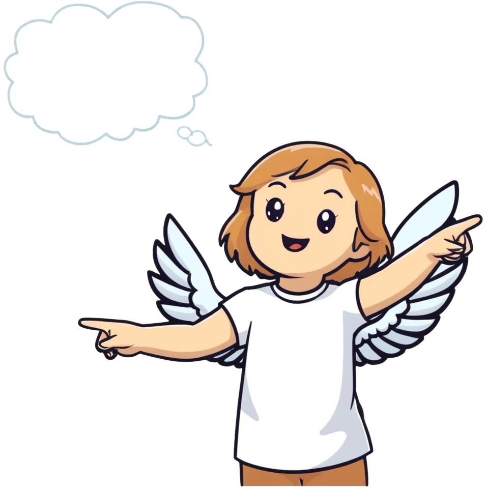 girl with light brown shoulder-length hair and white wings joyfully pointing to the sky emoji